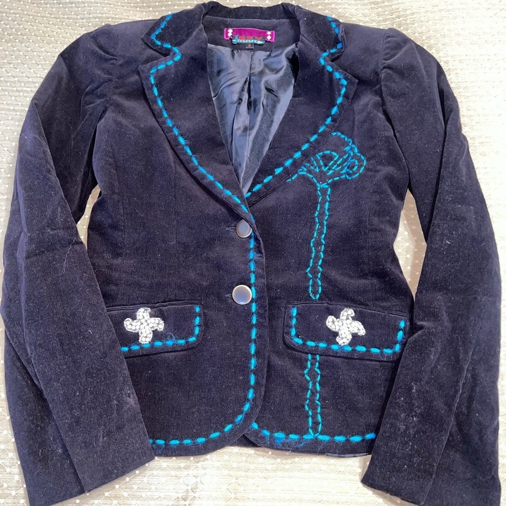 Spy Exchange Suit Jacket Blazer Black Blue Stretch Lined Flap Pockets Size:Sm